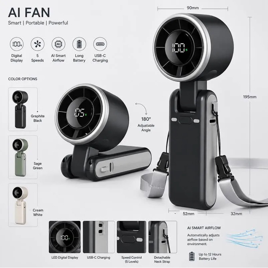 Popular Mini High-Speed Handheld Turbo Fan Smart Digital Display Wearable Personal Desk/Turbo Fan Handheld Rechargeable Fan Multicolor Portable Mini Hand Fan USB Rechargeable Foldable Hanging Neck Fan